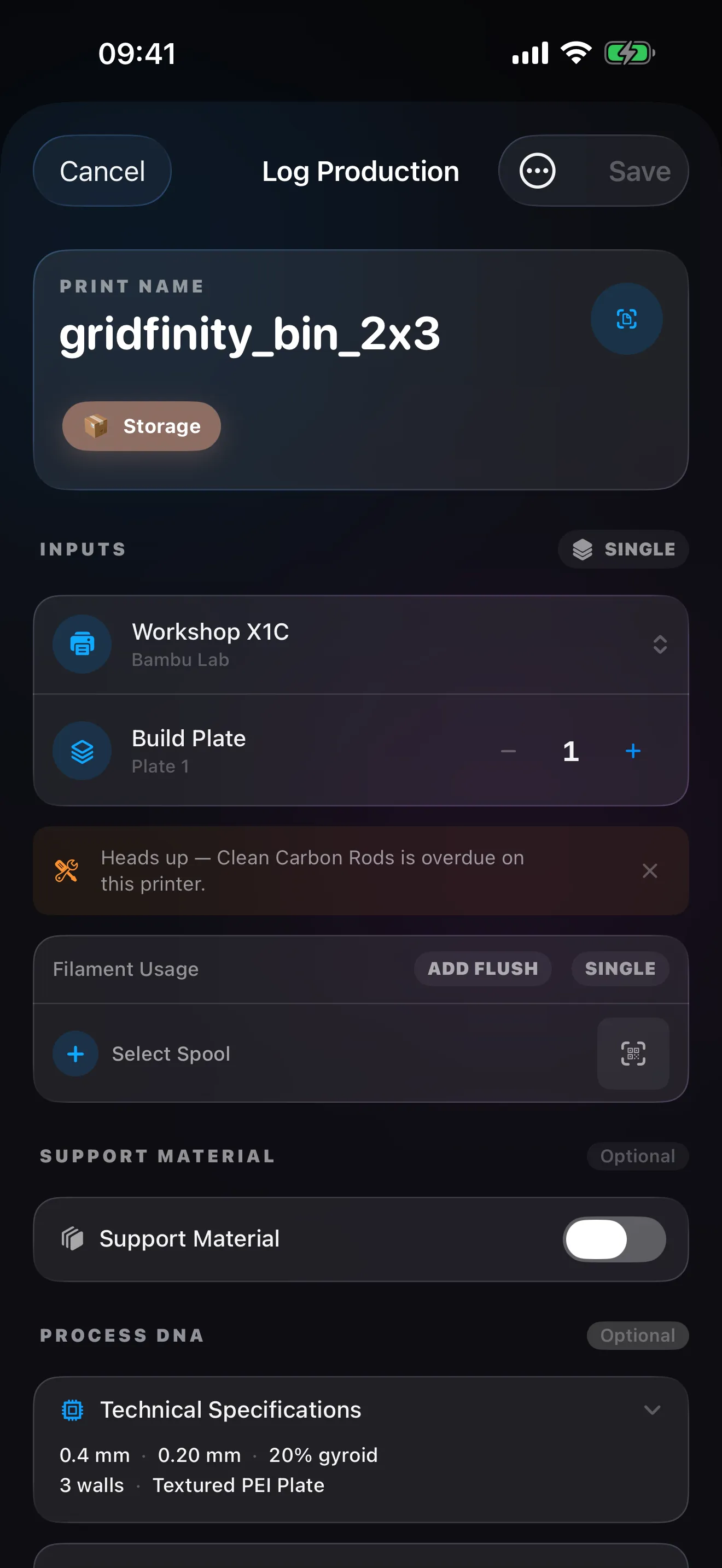 Log Production with a sliced file already read: print name, printer, plate and settings filled in