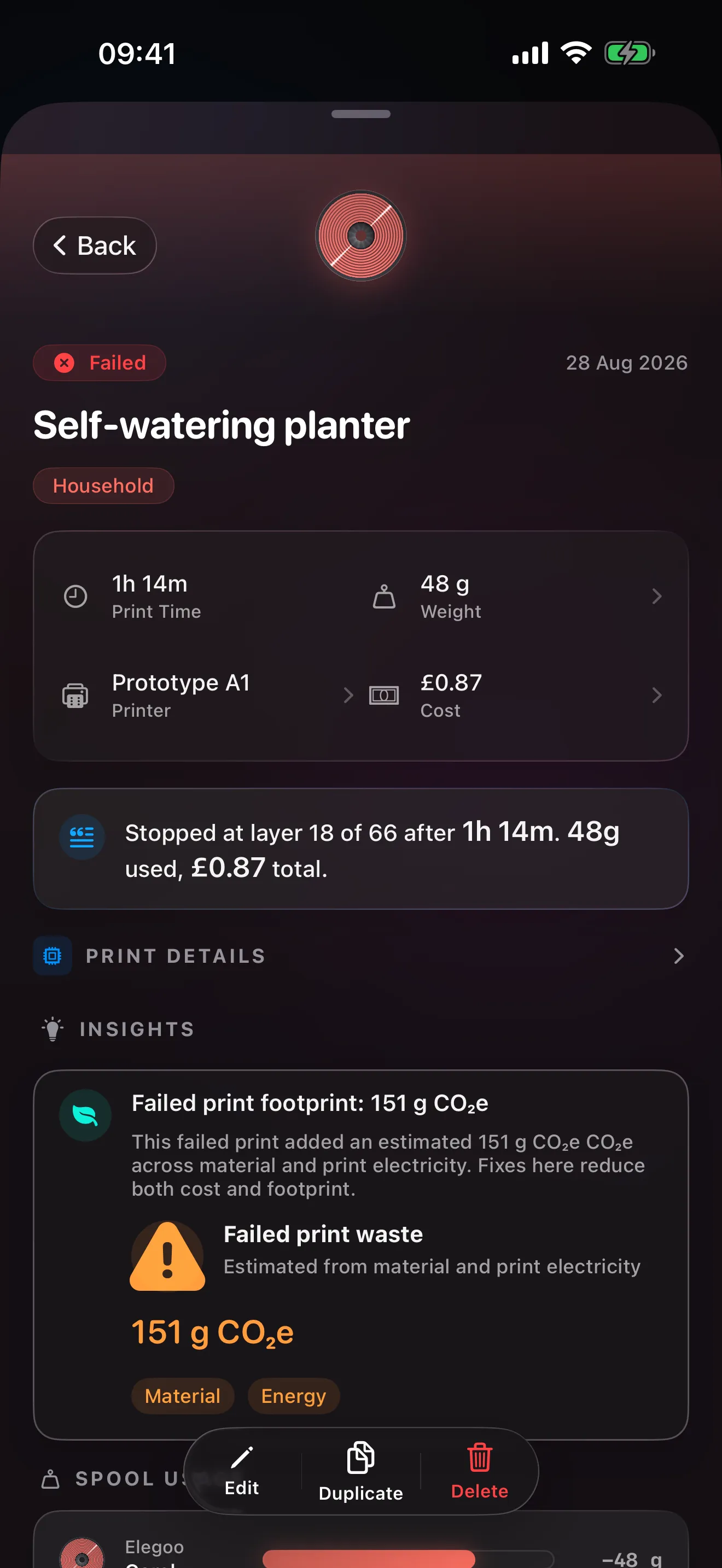 Print Story: a full-screen story for one failed print with its cost, summary line, insight card and spool usage