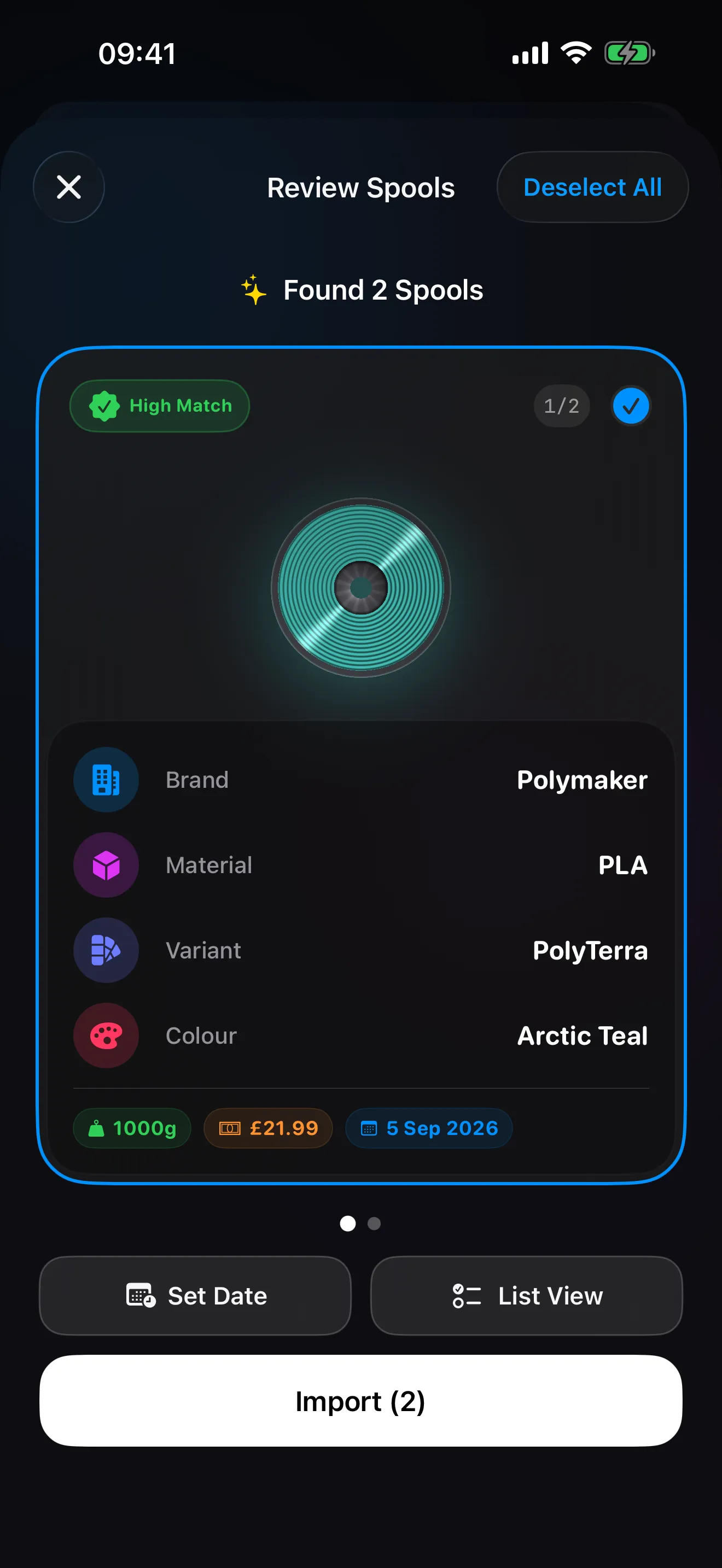Smart Import in Spool: two filament labels read into review cards with brand, material, colour and a confidence badge on each