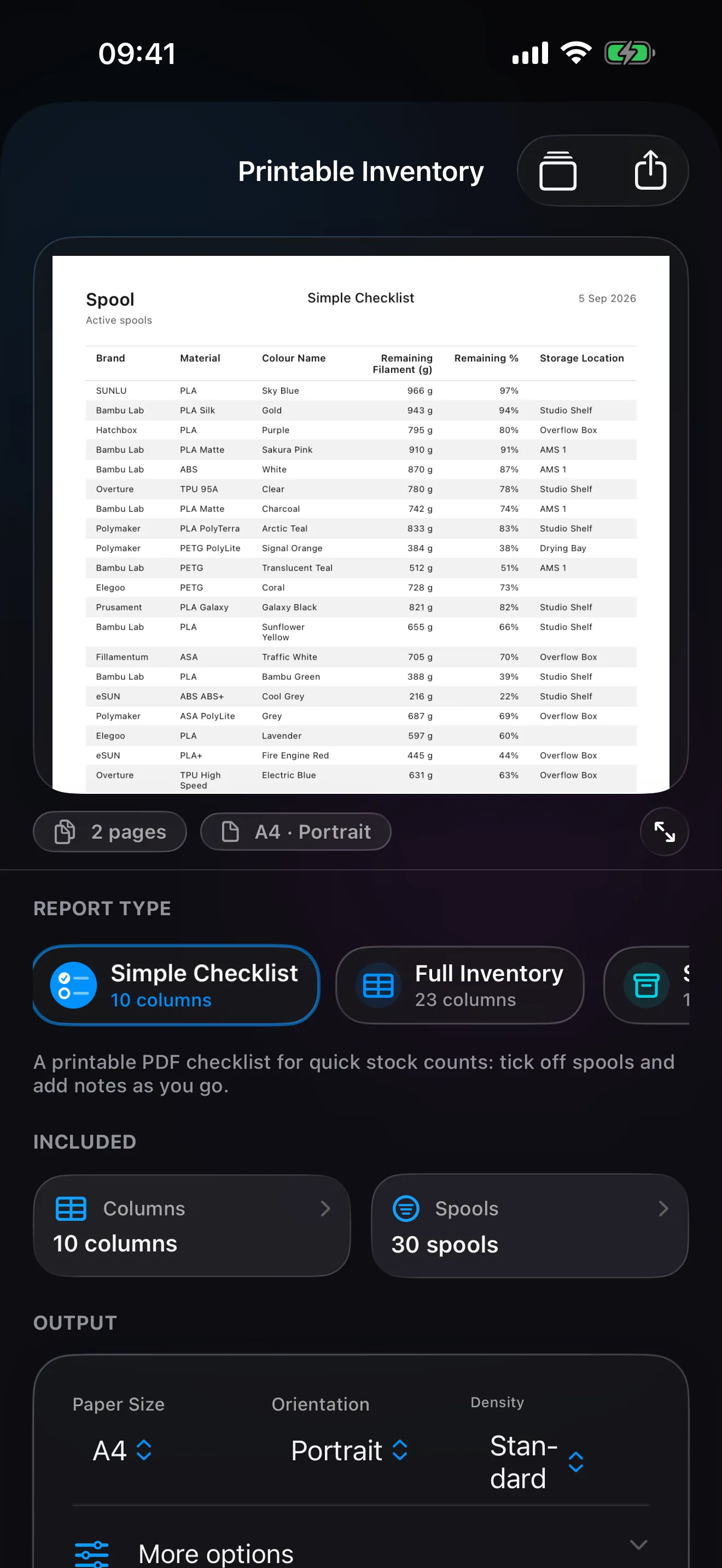 Printable Inventory in Spool: a report preview of the spool inventory with its report type, columns and output controls