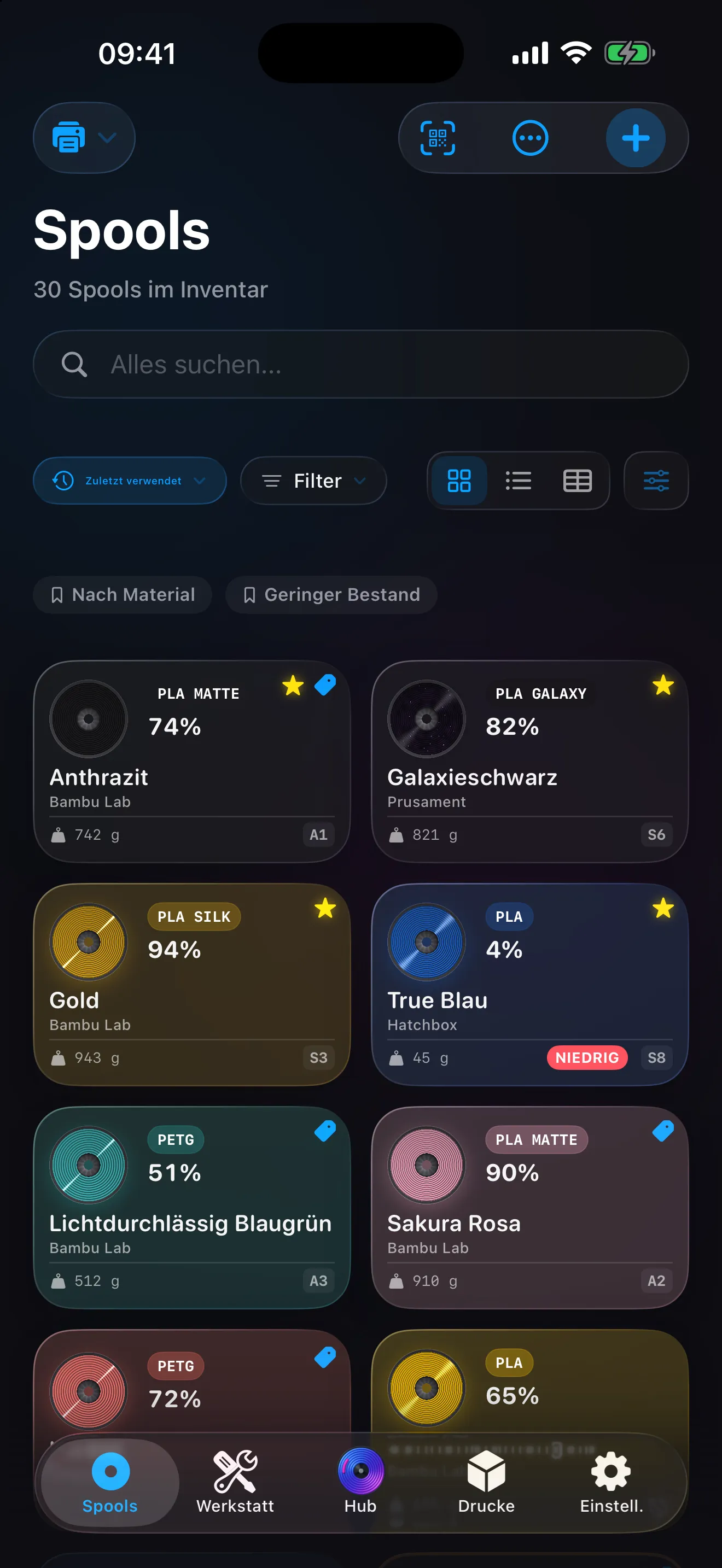 The Spools wall in Spool with the interface in German