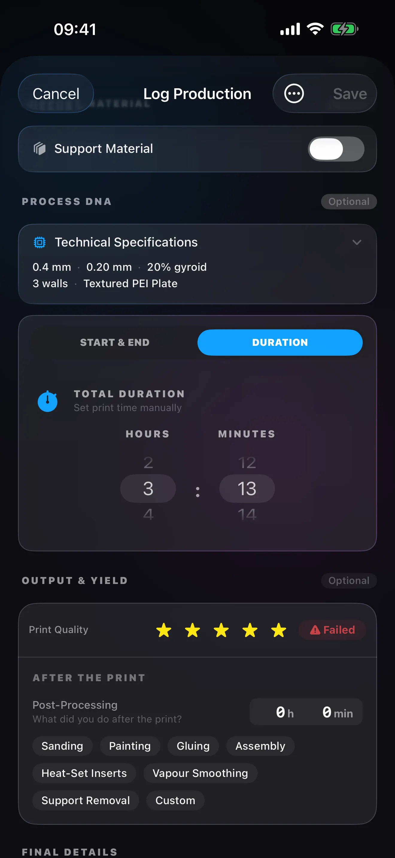 A sliced file read into Spool's Log Production form: the print settings and duration filled in from the file, ready to save
